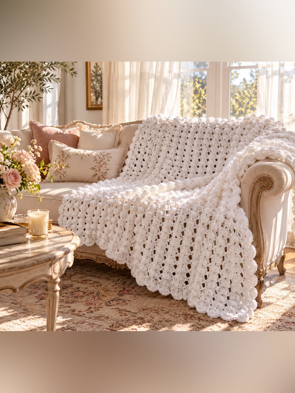 Handmade White Crochet Throw Blanket – Textured Open Stitch Afghan 48” x 65”